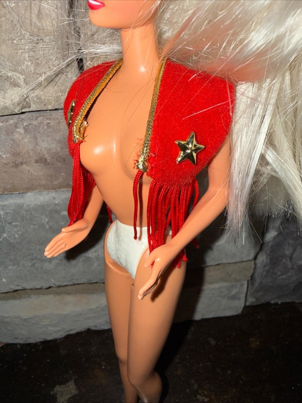 Barbie Vinatge red cowboy vest with fringe gold stars